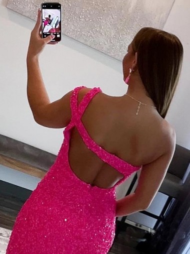 Fuchsia Sheath One Shoulder Sleeveless Short Velvet Sequin Prom Dress