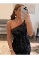 Black Sheath One Shoulder Sleeveless Short Velvet Sequin Prom Dress