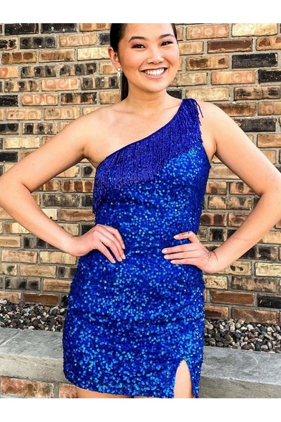Sheath One Shoulder Sleeveless Short Velvet Sequin Royal Blue Prom Dress