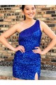 Sheath One Shoulder Sleeveless Short Velvet Sequin Royal Blue Prom Dress