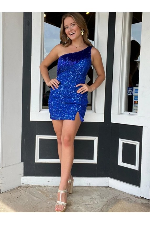 Sheath One Shoulder Sleeveless Short Velvet Sequin Royal Blue Prom Dress