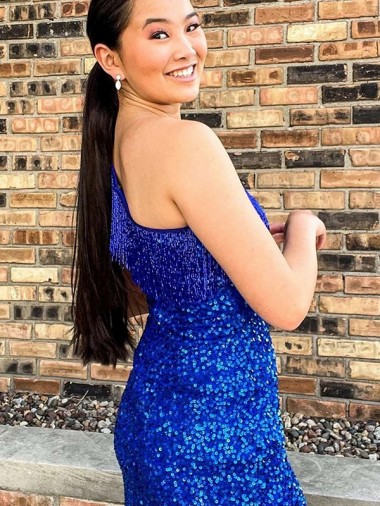 Sheath One Shoulder Sleeveless Short Velvet Sequin Royal Blue Prom Dress