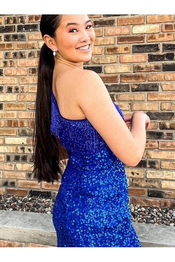 Sheath One Shoulder Sleeveless Short Velvet Sequin Royal Blue Prom Dress