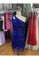 Royal Blue Sheath One Shoulder Sleeveless Short Velvet Sequin Prom Dress