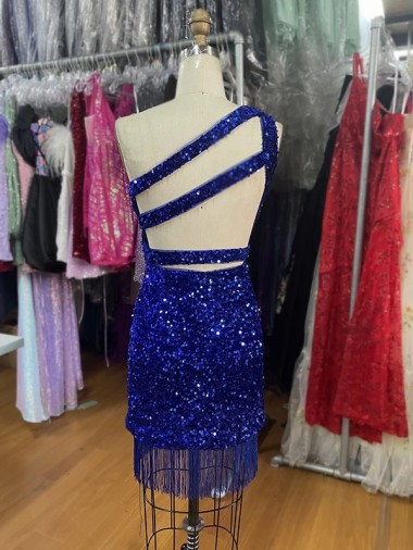 Royal Blue Sheath One Shoulder Sleeveless Short Velvet Sequin Prom Dress