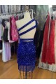 Royal Blue Sheath One Shoulder Sleeveless Short Velvet Sequin Prom Dress