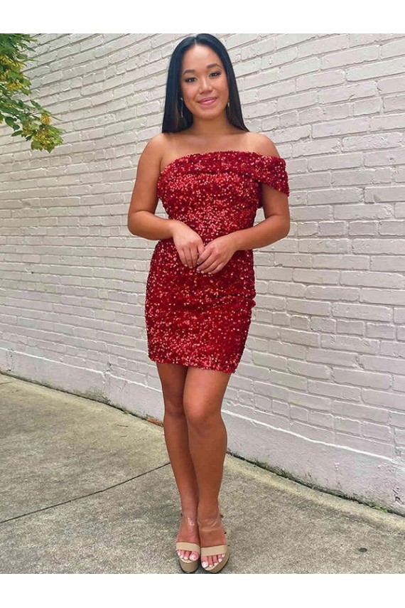 Burgundy Sheath One Shoulder Sleeveless Short Velvet Sequin Prom Dress