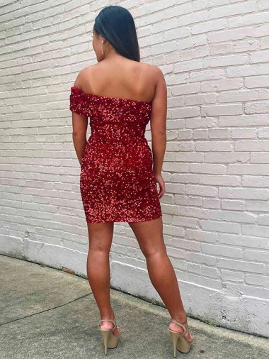 Burgundy Sheath One Shoulder Sleeveless Short Velvet Sequin Prom Dress