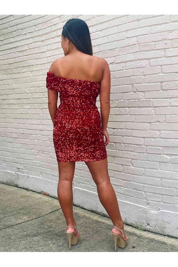 Burgundy Sheath One Shoulder Sleeveless Short Velvet Sequin Prom Dress