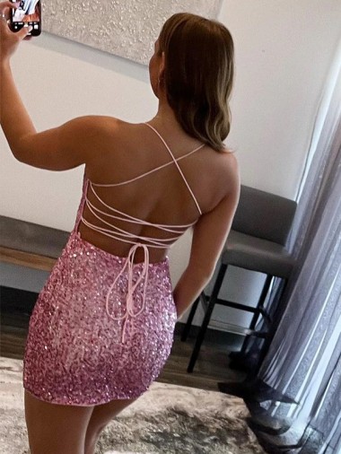 Hot Pink Sheath Spaghetti Straps Sleeveless Short Velvet Sequin Prom Dress