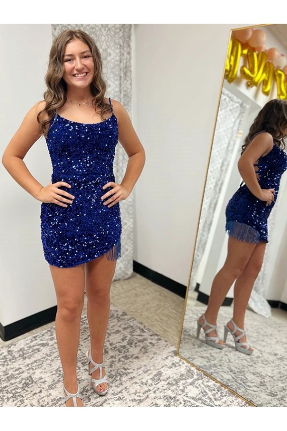 Royal Blue Sheath Spaghetti Straps Sleeveless Short Velvet Sequin Prom Dress