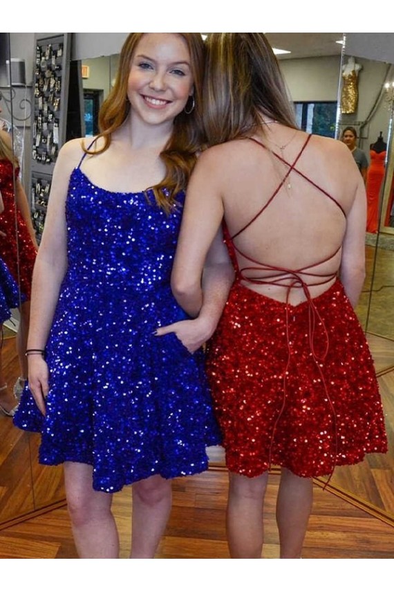 Royal Blue & Burgundy A-Line Spaghetti Straps Sleeveless Short Velvet Sequin Prom Dress