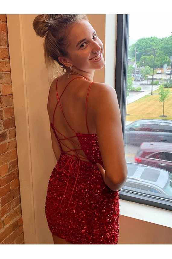 Royal Blue Sheath V-Neck Sleeveless Short Velvet Sequins Prom Dress