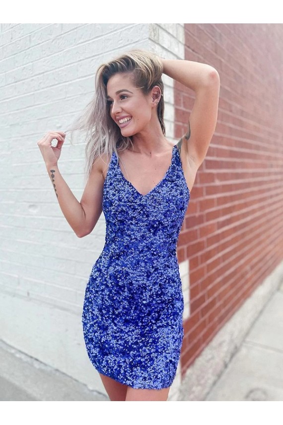 Short Velvet Sequin Blue Sheath V-Neck Sleeveless Prom Dress