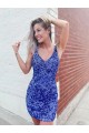 Short Velvet Sequin Blue Sheath V-Neck Sleeveless Prom Dress