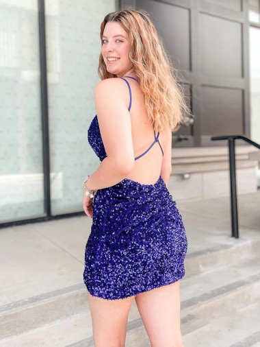 Sheath Sleeveless Short Velvet Sequin V-Neck Prom Dress