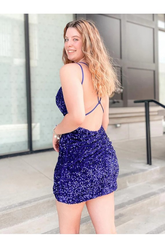 Sheath Sleeveless Short Velvet Sequin V-Neck Prom Dress