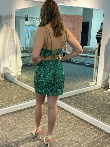 Shamrock Green Sheath V-Neck Sleeveless Short Velvet Sequin Prom Dress
