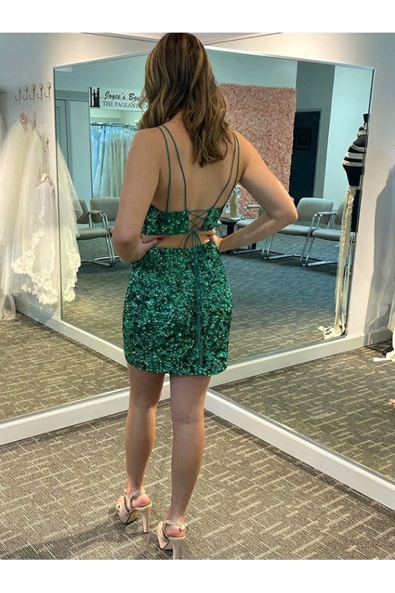 Shamrock Green Sheath V-Neck Sleeveless Short Velvet Sequin Prom Dress