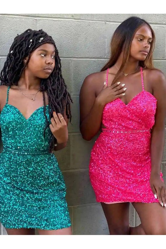 Dark Green Sheath V-Neck Sleeveless Short Velvet Sequin Prom Dress