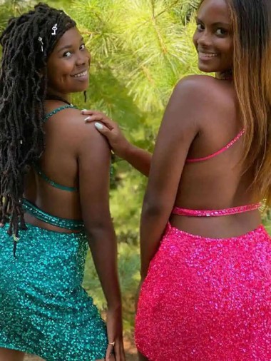 Dark Green Sheath V-Neck Sleeveless Short Velvet Sequin Prom Dress