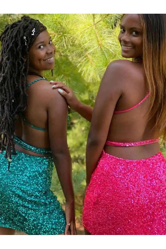 Dark Green Sheath V-Neck Sleeveless Short Velvet Sequin Prom Dress